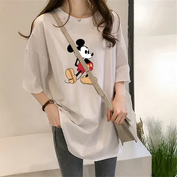 Disney Mickey Mouse T-marškinėliai Moterims Topai Vasaros Moterų Harajuku Tees T-shirts O-kaklo Drabužius Lady Prarasti Atsitiktinis Marškinėliai Moterims
