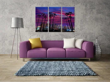 3 Gabalas Violetinė Plakatai Estetinės JAV, Los Andžele Naktį Miesto Žiburiai Sg Su Plam Medžių Siluetas Per Švytėjimas Dangaus Nuotrauką