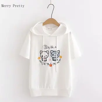 Moterų Animacinių Filmų Katės Siuvinėjimo Gobtuvu T Shirts 2020 Metų Vasaros Trumpomis Rankovėmis Medvilnės Atsitiktinis Laisvi Marškinėliai Korėjos Stiliaus Saldus Viršūnių Tees
