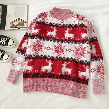 Moheros Kalėdų Megztiniai Klasikinis Elnias Spausdinti Kalėdos O-kaklo Megztinis Moterims Prarasti Atsitiktinis Viršūnes Lady Žiemą Šiltas Streetwear