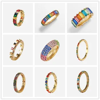 AOTEMAN Rainbow ring 47 spalva batono kubinių zirconia (cz Aukso užpildyti dalyvavimo juostos žiedas moterims 925 sterlingas sidabro papuošalai