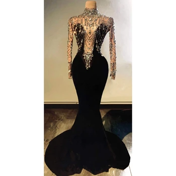 Aukštos Kokybės Elegantiškas Juodo Aksomo Mermaid Dress Spindi Krištolo Seksualus Vakarinę Suknelę Ilgai Prom Klubo Šalis Suknelė Etape Kostiumai