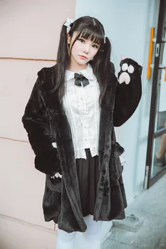 Japonijos žiemos drabužių kawaii girl saldus lolita pliušinis kailis cute kačių gobtuvu tirštėti vidutinės trukmės ir ilguoju skyriuje lolita loli paltas