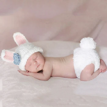 Nuotrauka Rekvizitai Mielas Animacinių Filmų White Rabbit Stiliaus Kūdikis, Naujagimis Kūdikis Mergaitė Berniukas Nėrimo Beanie Skrybėlių Drabužius, Kūdikių Fotografija Rekvizitai