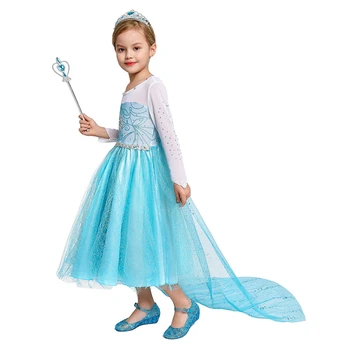 Mergina Drabužius Elsa Išgalvotas Princesė Dress Blizgančiais Nėrinių Tinklinio Kamuolys Suknelė Vaikai Šalis Vaidmenų Frocks Vaikų Suknelė