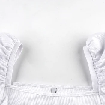 Derliaus Sluoksniuotos Rankovėmis Moterų Palaidinė Kvadratinių Kaklo Vientisos Spalvos Korėjos Stiliaus Viršūnes T-Shirt Elegantiškas Pasėlių Sexy Juoda Slim Palaidinė Moterims