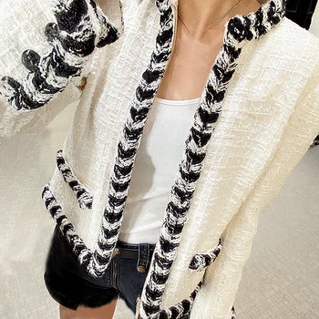 2020 m. Rudens Žiemos moterys dizaineris mados tvido švarkai įžymybė juoda twist kratinys baltos spalvos užtrauktukas trumpas paltai y360