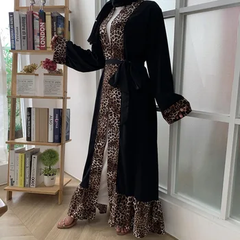 Ramadanas Arabų Kaftan Musulmonų Mados Moteris Skraiste, Priekiniai Atidaryti Kimono Megztinis, Leopardas Spausdinimui Dubajus Abaja Turkijos Islamo Apranga