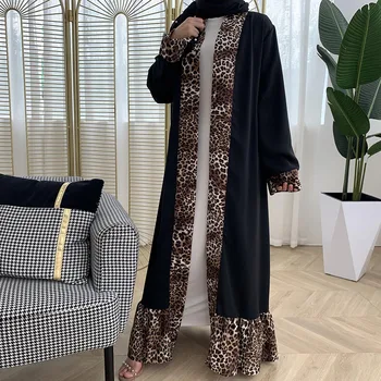 Ramadanas Arabų Kaftan Musulmonų Mados Moteris Skraiste, Priekiniai Atidaryti Kimono Megztinis, Leopardas Spausdinimui Dubajus Abaja Turkijos Islamo Apranga