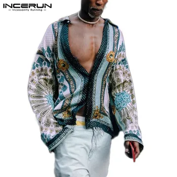 INCERUN Vyrų Marškinėliai Spausdinimas ilgomis Rankovėmis Streetwear Pasukite Žemyn Apykaklės Etninės Stiliaus Atsitiktinis Viršūnes Mygtuką 2021 Camisa Masculina S-5XL