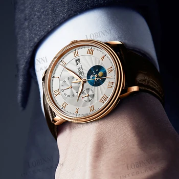 Šveicarija LOBINNI Vyrų Laikrodžiai, Prabangūs visiškai Automatinis laikrodis Vyrams Mechaninis Laikrodis Safyras Odos relogio masculino 2019