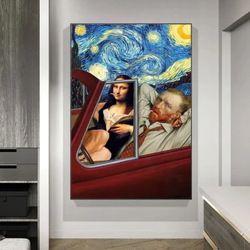 Juokinga Meno Van Gogas ir Mona Lisa Vairavimo Drobės Plakatai Abstrakčiai Rūkymas Tapybos ant Drobės Sienos Nuotraukas Namų Sienų Dekoras