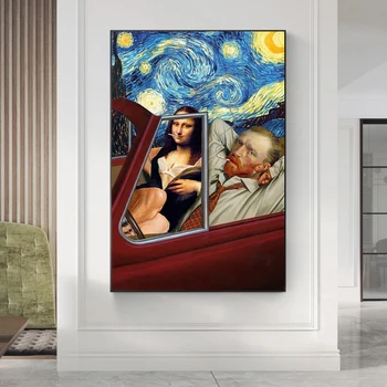 Juokinga Meno Van Gogas ir Mona Lisa Vairavimo Drobės Plakatai Abstrakčiai Rūkymas Tapybos ant Drobės Sienos Nuotraukas Namų Sienų Dekoras