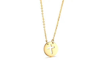 QWC VNN48 nerūdijančio plieno karoliai karšto parduoti populiarus vienišų moterų 15mm kryžiaus ir apvalus, aukso spalva meilužio dovana moterims, papuošalai
