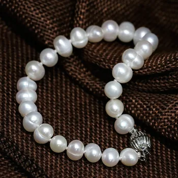 Populiarus baltos spalvos natūralių gėlo vandens culltured pearl 7-8,8-9mm maždaug apvalūs karoliukai dovana barcelet gražių papuošalų 7.5 colių B1518