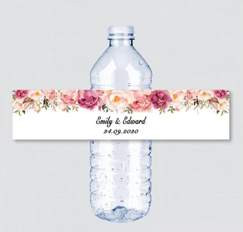 24pcs Užsakymą pavadinimas Vestuvių Vandens Butelis Etiketes, Mergina gimtadienio Kaimiškas Pink Gėlių Custom Vandens Butelio Etiketės apdaila