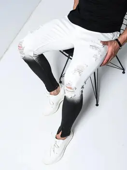Mados gradientas juoda balta vyrai džinsai skinny kankina džinsinis pieštuko kelnes pantalones vyras slim streetwear hip-hop ' as jean plius dydis