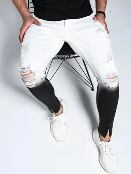 Mados gradientas juoda balta vyrai džinsai skinny kankina džinsinis pieštuko kelnes pantalones vyras slim streetwear hip-hop ' as jean plius dydis