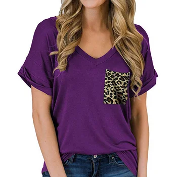 Naujas Moterų vientisos Spalvos V-Kaklo trumpomis Rankovėmis Susiuvimo Leopard Kišenę Laisvus marškinėlius Laisvus Drabužius, Atsitiktinis marškinėliai mados