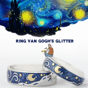 Išvengti Alergijos Mėnulis Žvaigždėtą Naktį Van Gogh Pora Žiedus Meno Papuošalai Nekilnojamojo Pora Žiedus Moterims Žmogus Mėgėjams-Geriausia Dovana