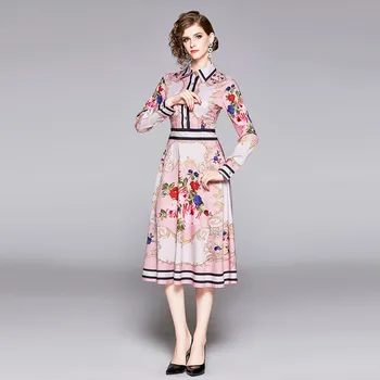 Aukštos kokybės 2020 m. Pavasarį Naujausias kilimo ir tūpimo Tako Dizaineris Suknelė Moterų ilgomis Rankovėmis Turn-žemyn Apykaklės Gėlių Spausdinti Suknelė