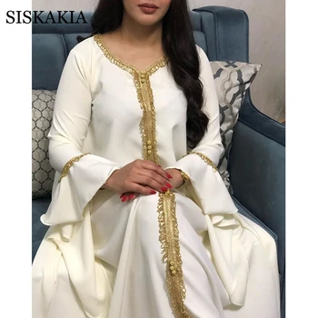 Balta Pynimas Ilgomis Rankovėmis Jalabiya Maxi Suknelė Moterims Mados Musulmonų Dubajus Turkijos Aukso Juostele Plius Dydis Arabų Drabužius 2020 M.