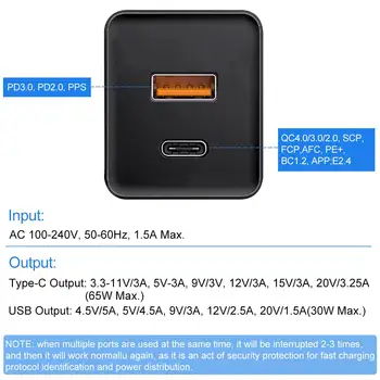 GaN 65W Greitas Įkroviklis QC PD 3.0 USB-C C Tipo Sienos Įkrovimo Dual USB Greitas Adapteris, Skirtas 
