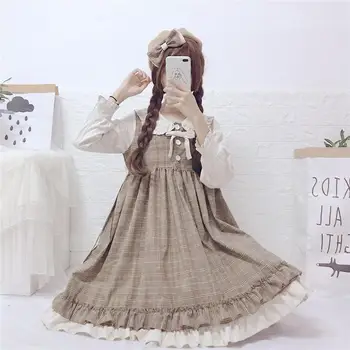 Japonijos Lėlės Susiėmę Apykaklės Visą Rankovės Mididressgothic Lolita Dress Moterų Viktorijos Suknelė Minkštas, Saldus, Mielas Laisvas Vintage Suknelė