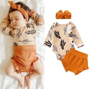 Baby Girl Drabužiai Nustatyti 2019 Naujagimių Bamblys Rudenį ilgomis Rankovėmis Kaktusas Bodysuit Viršuje Šortai Oranžinės spalvos Lankelis Komplektus Drabužių 3pcs