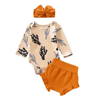 Baby Girl Drabužiai Nustatyti 2019 Naujagimių Bamblys Rudenį ilgomis Rankovėmis Kaktusas Bodysuit Viršuje Šortai Oranžinės spalvos Lankelis Komplektus Drabužių 3pcs