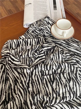 Rudenį, žiemą šilta pižama nustatyti moterų zebras dryžuotas leopard homewear drabužių kišenes, atvartas apykaklės, kelnių ilgomis rankovėmis pižamos Y063