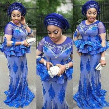 Plus Size Afrikos Royal Blue Prom Dresses Undinė Zawalcowany Nigerijos Nėrinių Appliques Aso Ebi Vakare Chalatai Motina Oblubienicy Suknelė