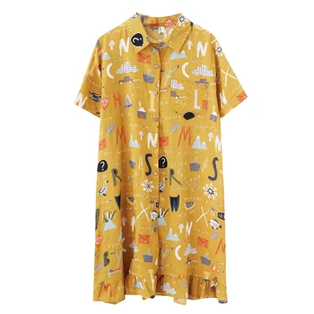 #0464 Vasaros 2019 Mėlyna Geltona Atsitiktinis Marškinėliai Suknelė Moterims Spausdinti Atvartas Apykaklės Kratinys Raukiniai Ponios Suknelės Trumpomis Rankovėmis Laisvas