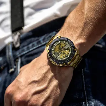 NUGALĖTOJAS Skeletas Automatinis Mechaninis laikrodis Vyrams, Diamond Lediniame Iš Punk Mens Laikrodžių Prekės ženklo Prabangus Aukso Plieno Dirželis Laikrodžius