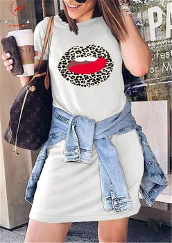 Mada Vasarą Long Marškinėliai Moterims Spalvų Dizainas O-Kaklo trumpomis Rankovėmis Lūpų Leopardas Spausdinti Atsitiktinis Puloveriai Viršų