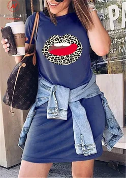 Mada Vasarą Long Marškinėliai Moterims Spalvų Dizainas O-Kaklo trumpomis Rankovėmis Lūpų Leopardas Spausdinti Atsitiktinis Puloveriai Viršų