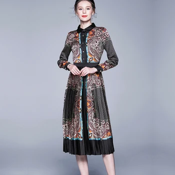 2020 ilgomis rankovėmis lankas kilimo ir tūpimo Tako Suknelė Moterų aukštos Kokybės Antkaklis Baroko Spausdinti Atsitiktinis brown 