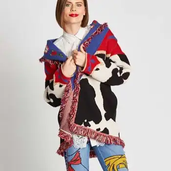 YAMDI Įvairiaspalviais Negabaritinių cardigan moterų skara atvartas, susagstomi megztiniai megztiniai išsiuvinėti trikotažas outwear 2020 nauja rudens žiemos