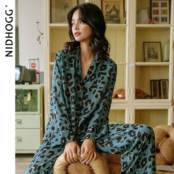 Ruduo Ilgas Rankovėmis Blue Star Leopardas Spausdinti Pižama Loungewear Moterų Šilko-kaip Pižamos Loungewear Satino Sleepwear Dviejų dalių