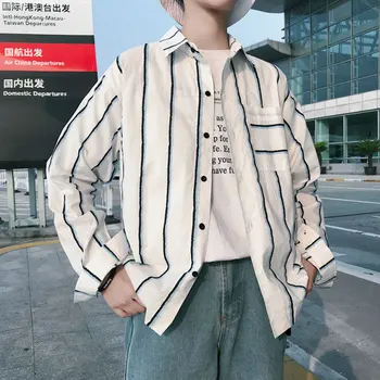 Korėjos Juostele Laisvi Vyrai Marškinėliai Balti ilgomis Rankovėmis Mygtuką Apykaklės Marškinėliai Atsitiktinis Stilingas High Street Vyrai Pavasario Drabužių Naujas MM60NCS