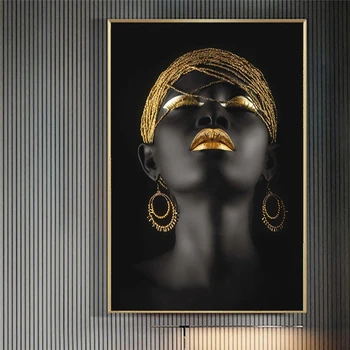 Afrikos Juoda Moteris su Aukso Šukuosena Drobė Menas, Plakatų Ir grafikos Juoda Merginos Drobė Paveikslų Ant Sienos Menas Nuotraukas