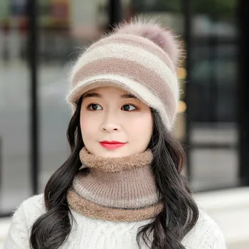 Triušio plaukų kepuraitės moteriškos megztos vilnos-liniuotas kepurė šalikas žiemos pasiekė skrybėlę neckerchief su aksomo šiltas apsaugos kepurė mergaitėms