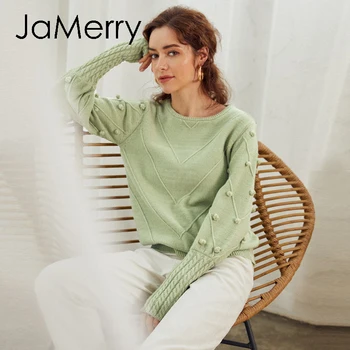 JaMerry Elegantiškas kailio pompon megztinis Rudenį, žiemą žibintų rankovėmis megzti megztinis moteriška Streetwear ponios žalias megztinis 2020 m.