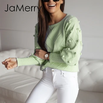JaMerry Elegantiškas kailio pompon megztinis Rudenį, žiemą žibintų rankovėmis megzti megztinis moteriška Streetwear ponios žalias megztinis 2020 m.