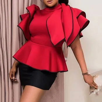 Raudona Falbaba Moterų Palaidinė Viršūnės Vasarą Afrikos Ruffles Rankovėmis Aukštos Juosmens Moterų Marškiniai, Elegantiškas Office Lady Darbo Viršūnių 2020 M. Palaidinukės