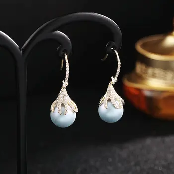 SINZRY hotsale elegantiškas, bižuterijos AAA kubinis cirkonis mikro nutiesti imituojamas pearl korėjos lašas auskarai moterims