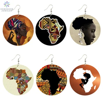 SOMESOOR Naują Atvykimo Afrikos Žemėlapis Medienos Etninės Auskarai Papuošalai Afro Ašaros Headwrap Moteris Black Queen Derliaus Dažytos Ausų Papuošalai
