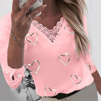 2021 M. Pavasarį Elegantiškas Širdies Spausdinti V-Kaklo Palaidinė Marškinėliai Moterims Atsitiktinis Ilgomis Rankovėmis Mygtuką Puloveris Viršūnes Biuro Panele Seksuali Nėrinių Blusa