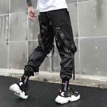 Naujas Pavasarį Hip-Hop Poilsiu Kelnės Vyrams Prarasti Juodos Haremo Kelnės Multi-pocket Juostelės Kelnės Atsitiktinis Streetwear Sport Kelnės Vyrams