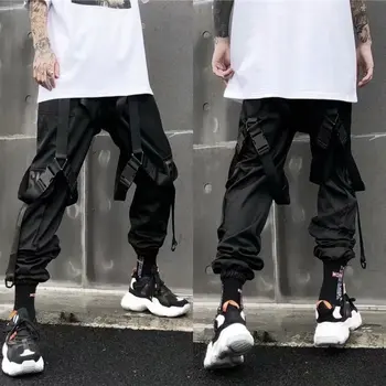 Naujas Pavasarį Hip-Hop Poilsiu Kelnės Vyrams Prarasti Juodos Haremo Kelnės Multi-pocket Juostelės Kelnės Atsitiktinis Streetwear Sport Kelnės Vyrams